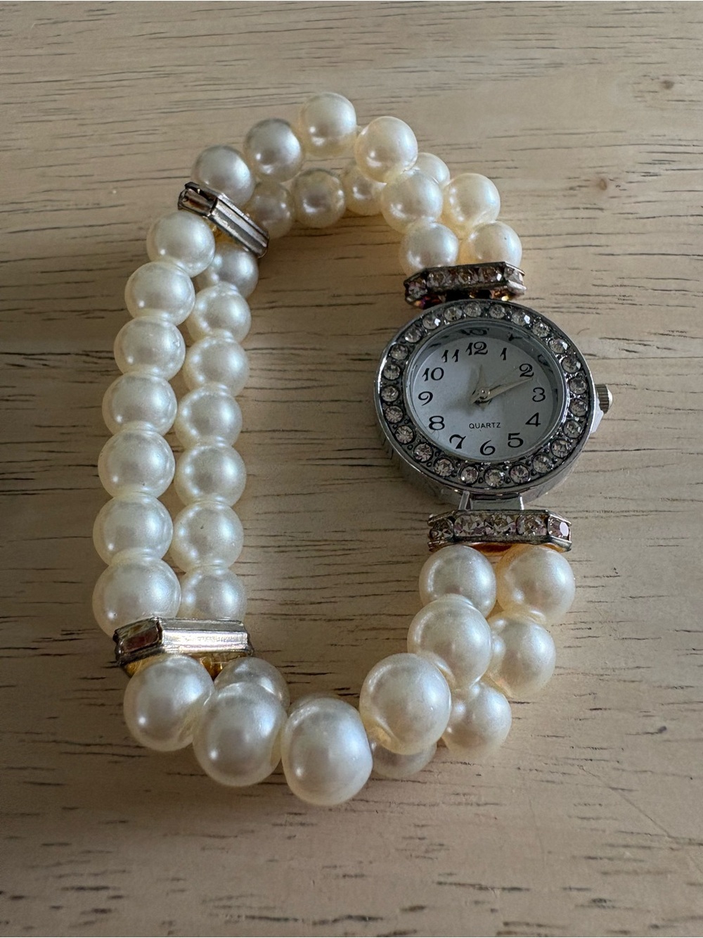 Pearl Bead Crystal Accent Bracelet Watch - White